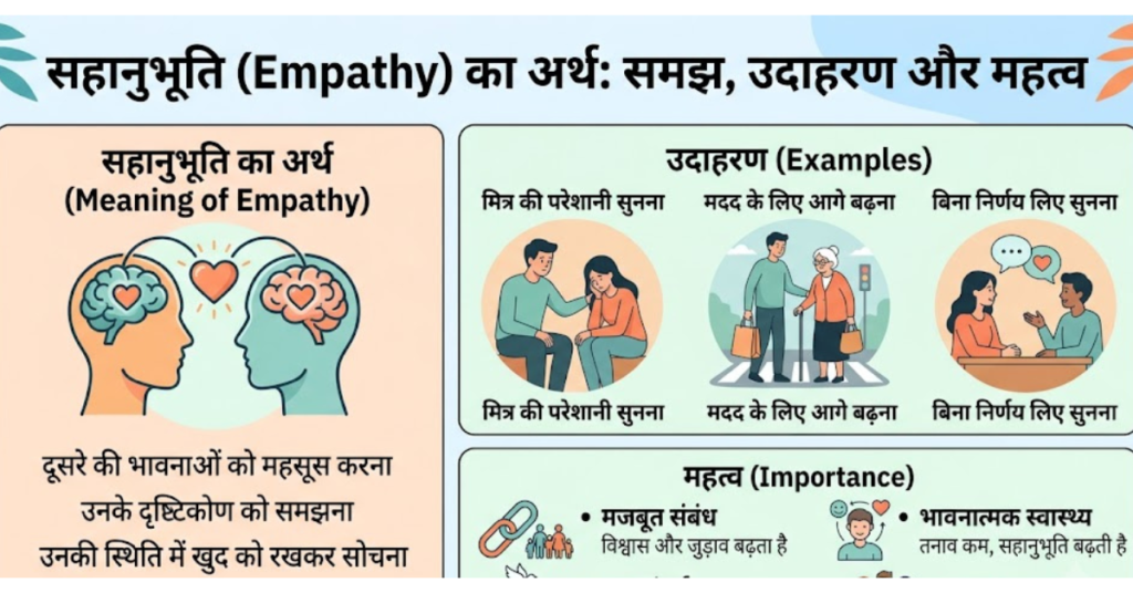 Empathy Sympathy व्यक्ति की भावना को समझना और महसूस करना व्यक्ति के लिए दुख या चिंता महसूस करना भावनात्मक जुड़ाव अधिक होता है भावनात्मक दूरी बनी रहती है "मैं समझ सकता हूँ कि तुम क्या महसूस कर रहे हो" "मुझे तुम्हारे लिए दुख है" गहरी समझ पैदा करती है सांत्वना प्रदान करती है